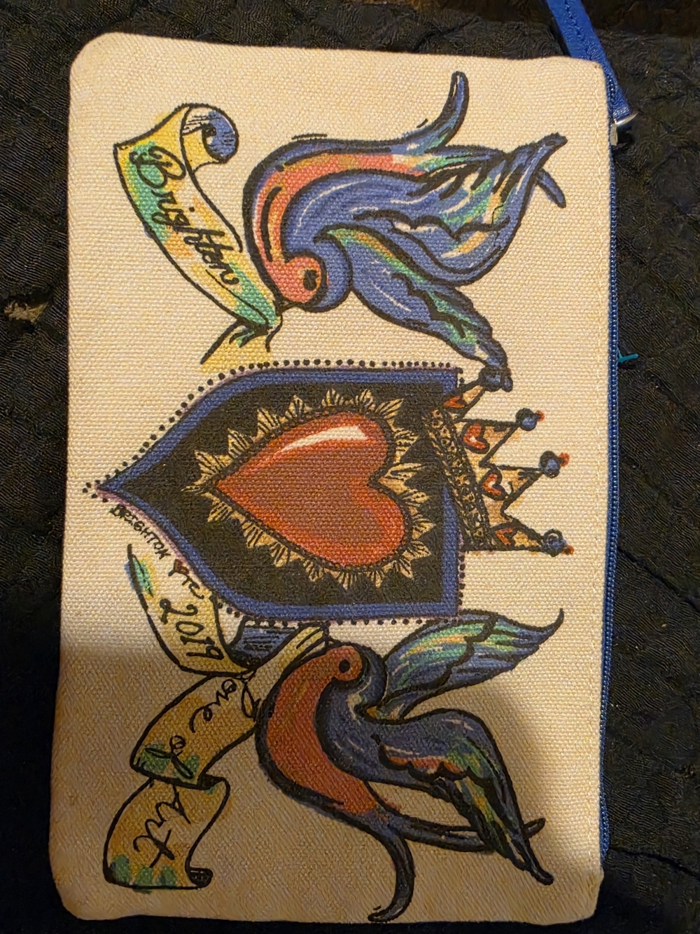 Heart Crown Canvas Pouch with Colorful Birds